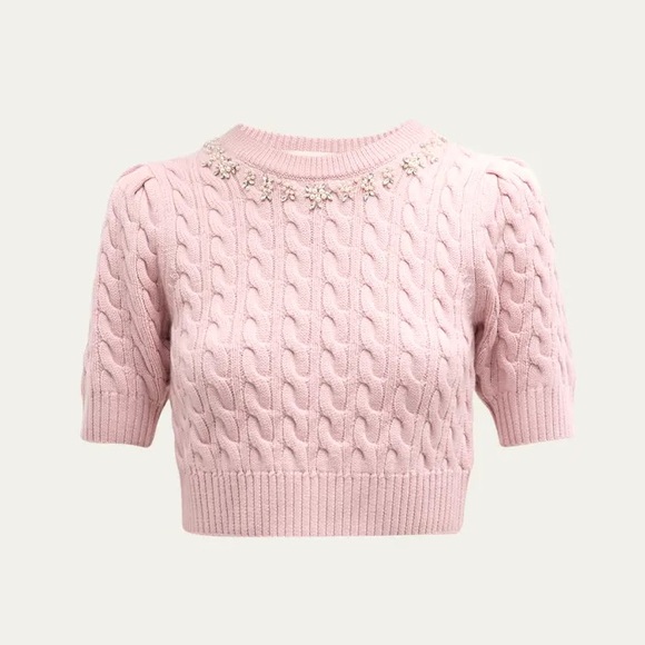 LoveShackFancy Tops - LoveShackFancy Pink Cable-Knit Cropped Sweater with Pearl Embellishment